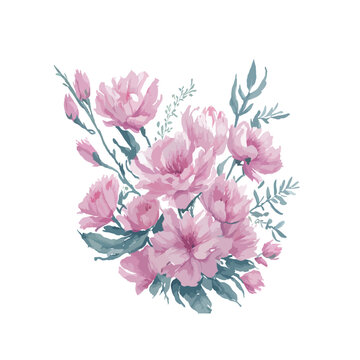 Watercolor light pink flowers bunch for greeting card 