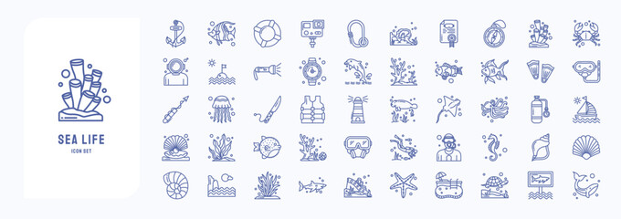 A collection sheet of outline icons for Sea Life, including icons like Anchor, fish, Coral, Diving Helmet, Dolphin and more