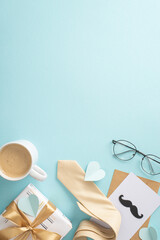 Surprise Dad with a sleek Father's Day. Overhead vertical view of necktie, glasses, postal with mustaches, giftbox, envelope, coffee mug, men's accessories on pastel blue background a space for text