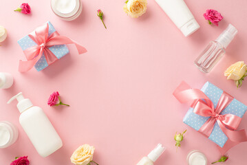 Delicate natural skincare with top view flat lay of elegant cream bottles, tubes, pump bottles, and pipettes with rose petals, gifts on pastel pink background. Perfect for branding in empty space