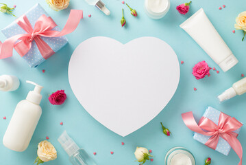 Gentle natural skincare with a top view flat lay of sophisticated cream bottles, tubes, pump bottles, and pipettes with delicate rose flowers gifts on pastel blue background with blank white heart