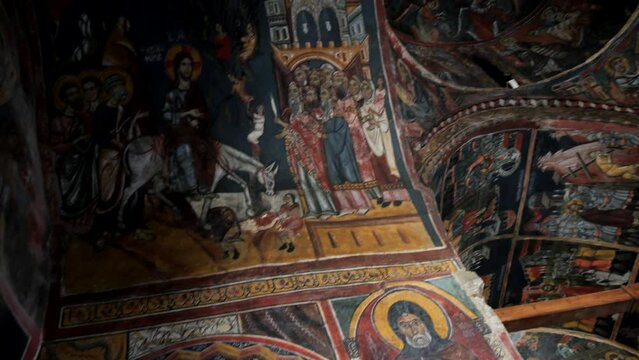 View of the painted interior of an old Greek Orthodox Church.