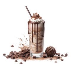 Chocolate milkshake with chocolate pieces and chocolate sauce. Generative AI - 599494113