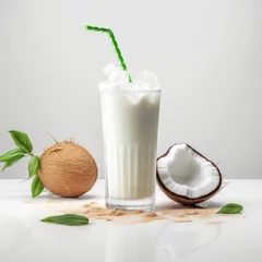 Selbstklebende Fototapeten Coconut milk shake glass with fresh sliced coconut and straw. Generative AI © pixelliebe