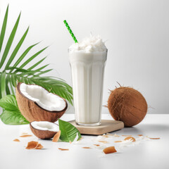 Coconut milk shake glass with fresh sliced coconut and straw. Generative AI - 599494143