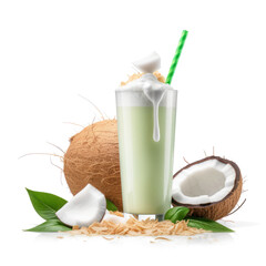 Coconut milk shake glass with fresh sliced coconut and straw isolated on white background. Generative AI - 599494153