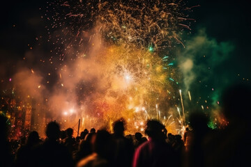 Celebrating people silhouette in front of colorful fireworks. New Year Eve party festival concept. Generative AI