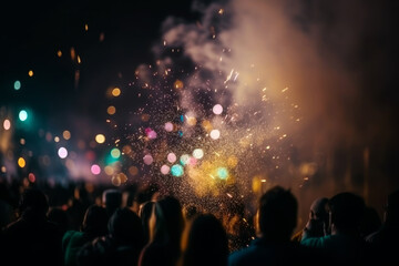 Celebrating people silhouette in front of colorful fireworks. New Year Eve party festival concept. Generative AI
