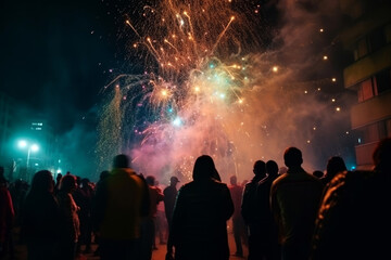 Celebrating people silhouette in front of colorful fireworks. New Year Eve party festival concept. Generative AI