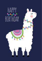 Happy birthday greeting card. Illustration of the cute llama