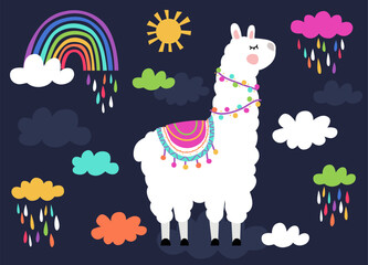 Illustration of the cute llama on the clouds background