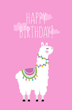 Happy birthday greeting card. Illustration of the cute llama 