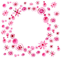 Round frame of pink flowers on a white background.