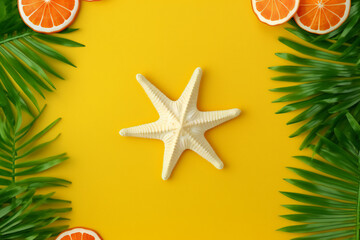 Summer flat lay background. on yellow	