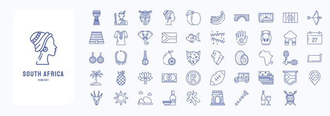 A collection sheet of outline icons for South Africa, including icons like African Man, African Woman, Elephant, Hippo and more