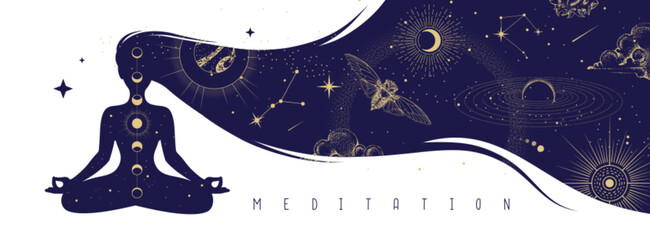 Silhouette of meditating woman with outer space inside long hair. Magic witchcraft astrology background. Vector illustration © annbozhko