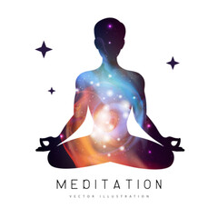 Silhouette of meditating man with outer space, universe and stars inside. Vector illustration