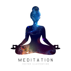 Silhouette of meditating woman with outer space, universe and stars inside. Vector illustration