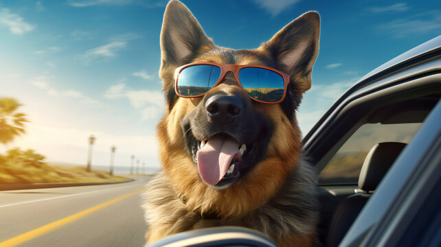 Dog enjoying from traveling by car. generative AI