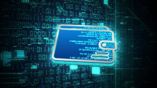 3D blue digital wallet or e-wallet glowing shining with blue binary code encryption data, Privacy security protection network encode decode online access concept