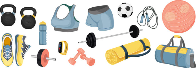 Fototapeta na wymiar Set of sports equipment and sportswear. Vector illustration isolated on white background. Image for sports design, stickers, web design elements, cards, banners