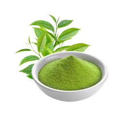 green tea powder in a bowl and leaf on transparent png - obrazy, fototapety, plakaty