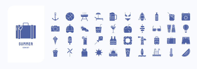 A collection sheet of solid icons for Summer and Holiday, including icons like Anchor, Ball, Bbq, Beach Chair and more © Icongeek26
