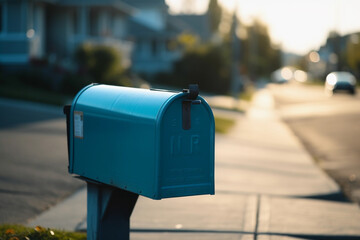 blue mailbox standing on a suburban street. generative AI
