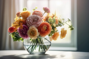 Obraz premium flowers in a clear glass vase, set on a white windowsill. generative AI