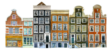 Drawing watercolor Holland houses. With cats in the windows. Netherlands painted in sketch style illustration. For interior postcard,  print decoration, fabric, sketchbook cover.