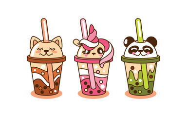 Bubble milk tea with cute cups. Set of illustration fresh drink. Vector.