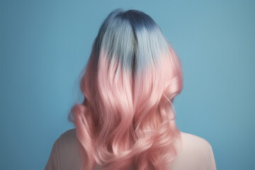 Fototapeta premium Gradient pastel blue and pink colored hair. Generative AI illustration