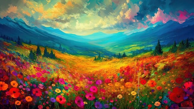 illustration of summer flower field, idea for home wall decor picture, Generative Ai