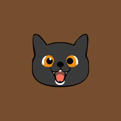 Cute black cat face vector icon in flat style isolated on brown background