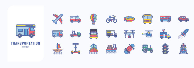 A collection sheet of linear color icons for Transportation , including icons like Vehicle, Ship, car and more