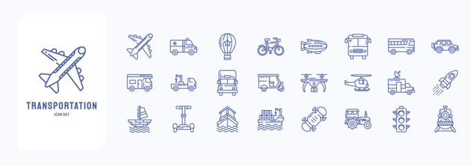 A collection sheet of outline icons for Transportation, including icons like Vehicle, Ship, car and more
