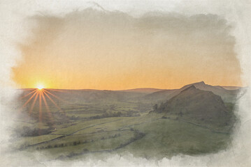 Digital watercolour painting of sunset on Parkhouse Hill and Chrome Hill.