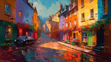 Fototapeta premium illustration of cityscape in evening time, Generative Ai