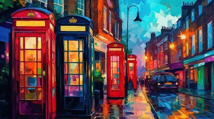 illustration of urban city street with telephone booth at street side, Generative Ai