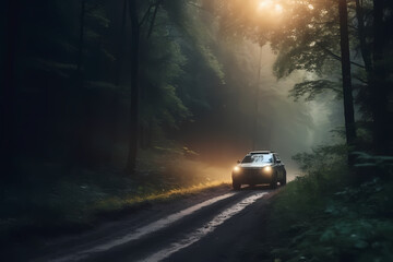 Fototapeta na wymiar Eco car on forest road with earth planet going through forest, Ecosystem ecology healthy environment road trip travel, Eco car with nature, generative AI