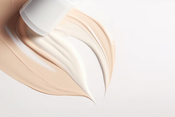 Liquid foundation strokes on light color background, Makeup creamy texture, Skin tone cosmetic product smear smudge swatch, Skin care beauty products.
