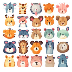 big animal set 11, cute faces, hand-drawn characters