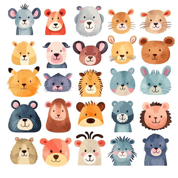 big animal set 9, cute faces, hand-drawn characters