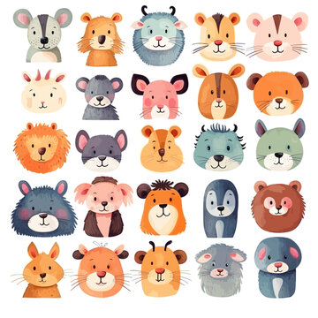 big animal set 12, cute faces, hand-drawn characters