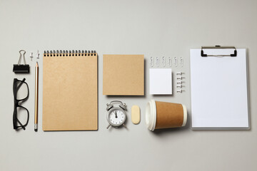 Mockup flat lay with different office accessories on light gray background