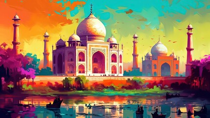 illustration of dome masjid with beautiful nature landscape, Generative Ai