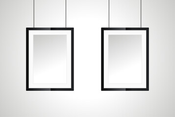 Two photo frame on white wall, in realistic vector for Interior Black Blank, Wooden Poster Picture Frames Hanging on the Ropes, Empty Poster Frames Design Template for Mockup
