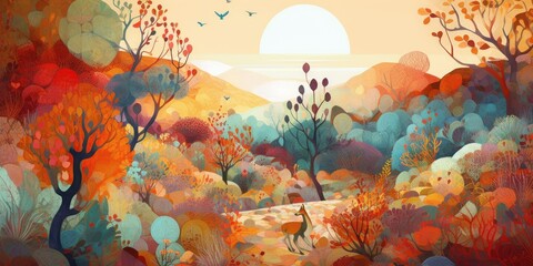 Naklejka na ściany i meble Illustrate a whimsical desert oasis teeming with life, color palette of warm oranges