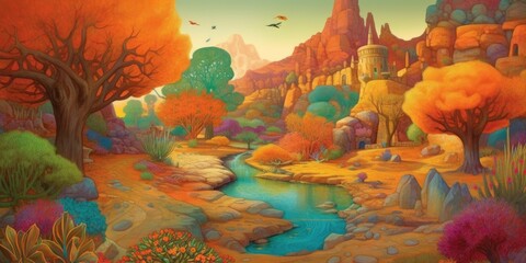 Illustrate a whimsical desert oasis teeming with life, color palette of warm oranges