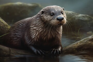 Obraz premium 水辺に佇むカワウソ：AI作品 